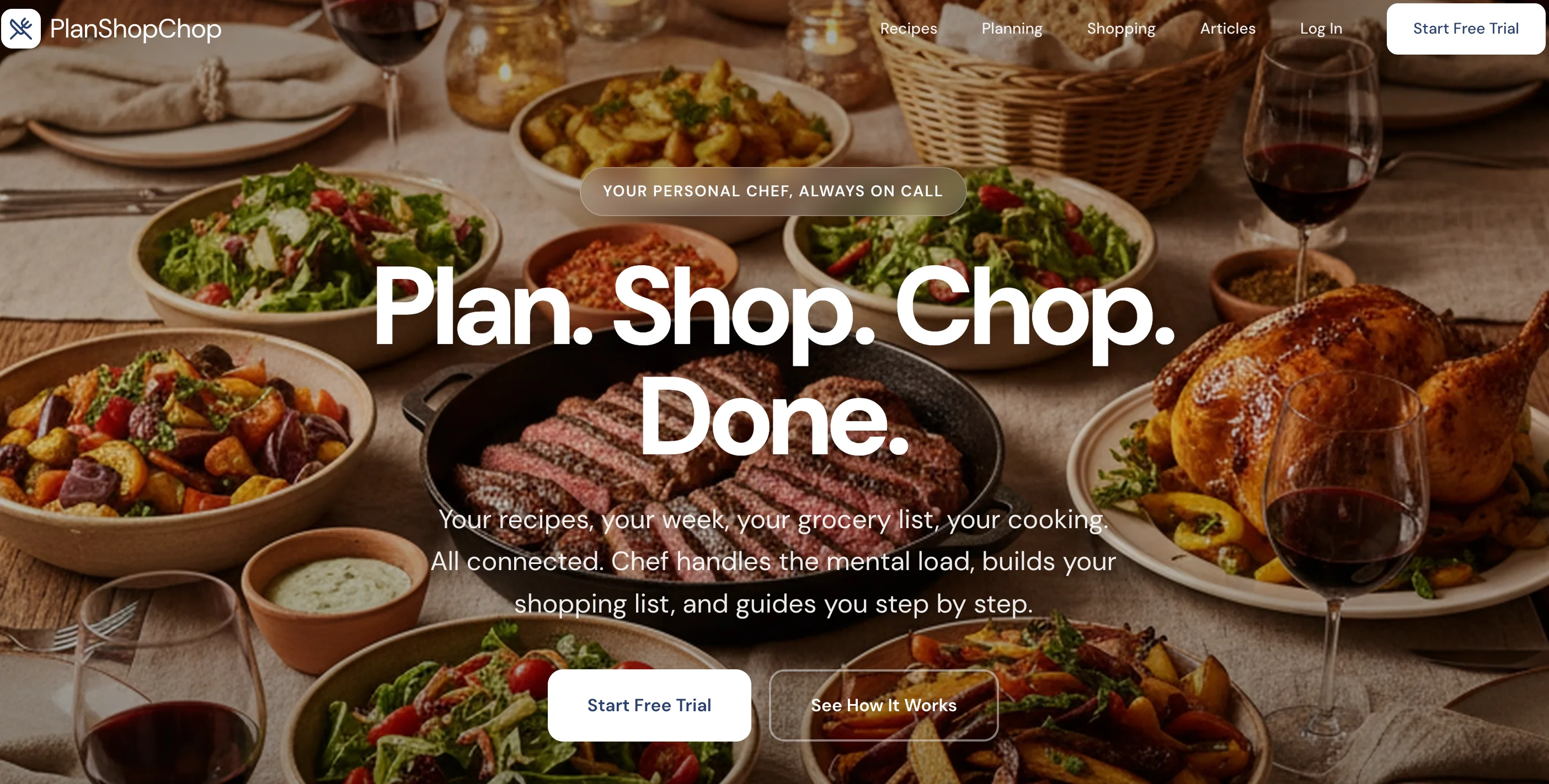 PlanShopChop home page with hero text: Plan. Shop. Chop. Done.