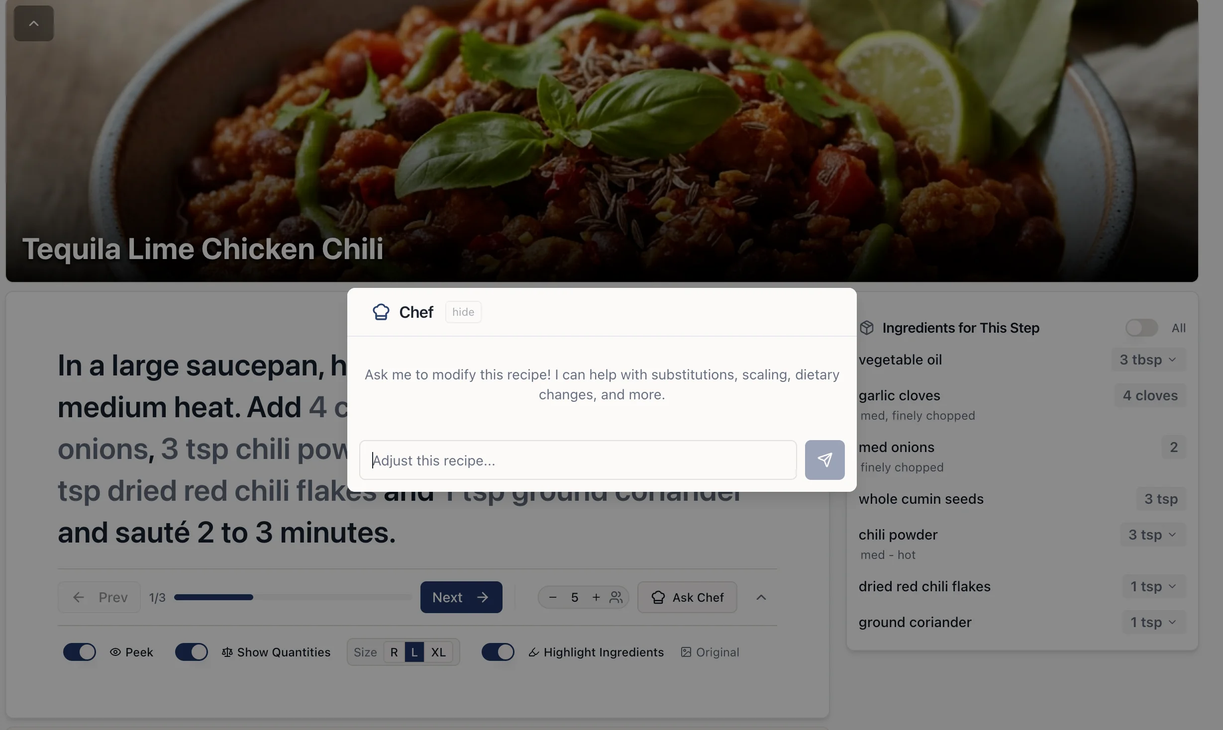 PlanShopChop cook view: step-by-step recipe guidance with the Chef chat overlay open to ask for substitutions, scaling, and dietary changes.