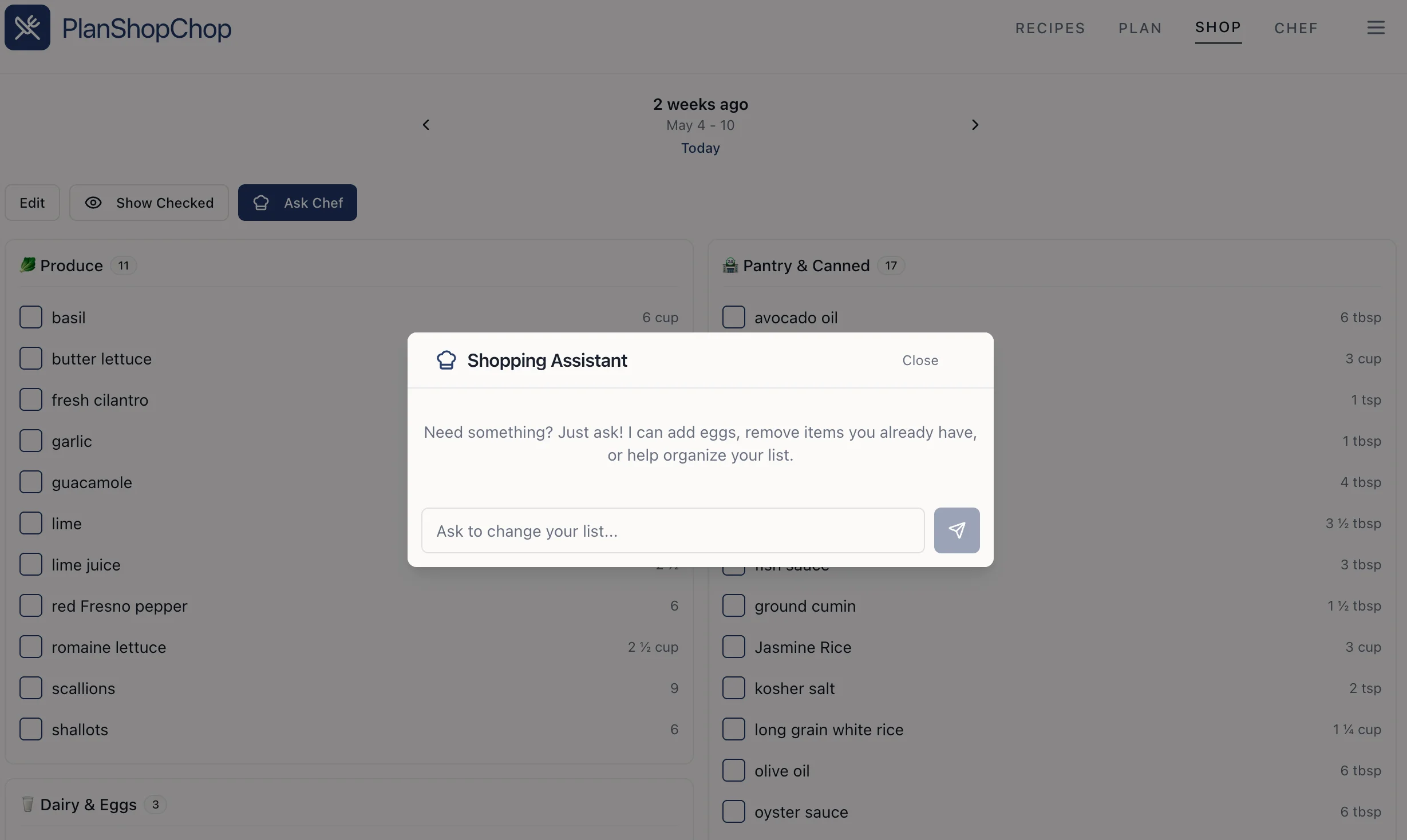 PlanShopChop shop view: generated grocery list grouped by aisle with the Shopping Assistant chat overlay open to add, remove, or organize items.