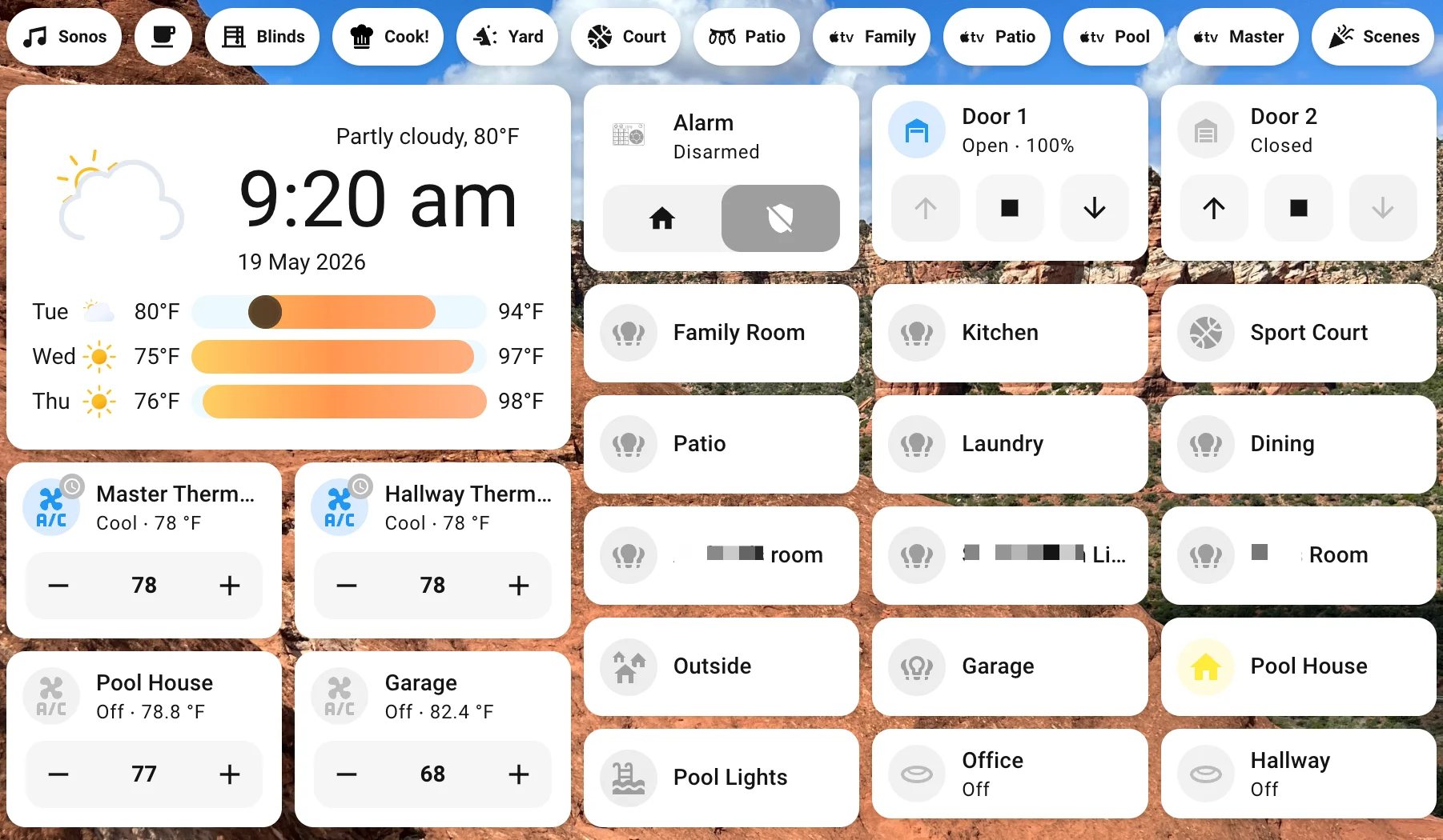 The main Home Assistant dashboard with tab strips for media, blinds, scenes, and rooms; cards showing live weather, alarm state, door status, and thermostat readings.