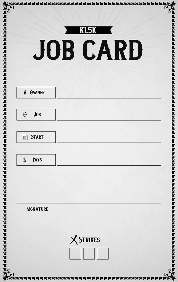 KL5K Job Card template: fields for owner, job, start, pays, signature, plus strike checkboxes.