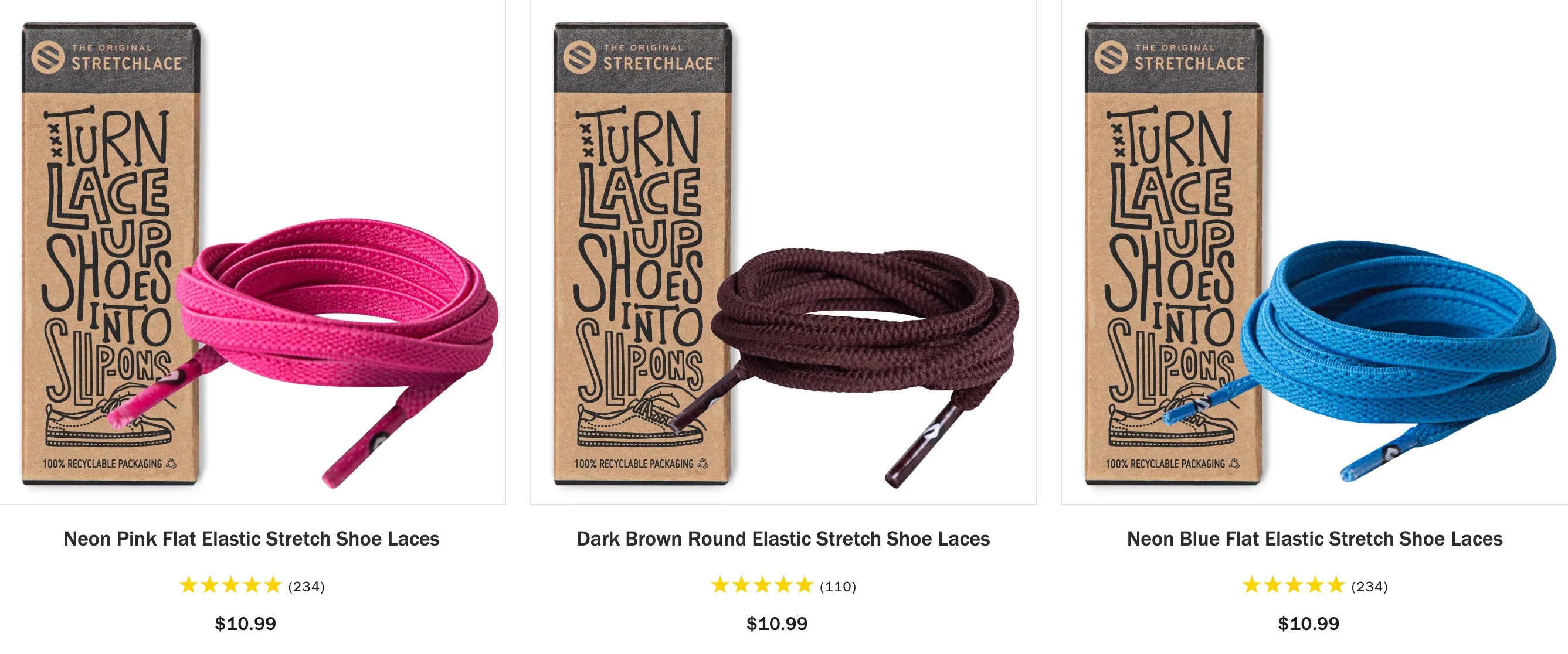 Three Original Stretchlace product cards on retail packaging: Neon Pink flat elastic, Dark Brown round elastic, and Neon Blue flat elastic shoelaces, with customer ratings and $10.99 pricing.