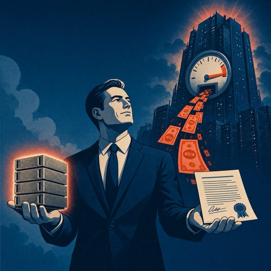 An executive holding a stack of on-premises servers in one hand and a signed software license in the other, with metered cost flowing from a dial above a corporate tower.