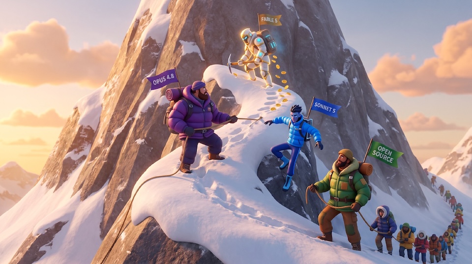Climbers ascending a snowy peak at sunrise. A robot labeled Fable 5 leads at the summit, leaving a trail of gold coins. A purple climber carries an Opus 4.8 flag, a blue climber a Sonnet 5 flag, and a green climber an Open Source flag leading a long line of climbers up the mountain behind them.