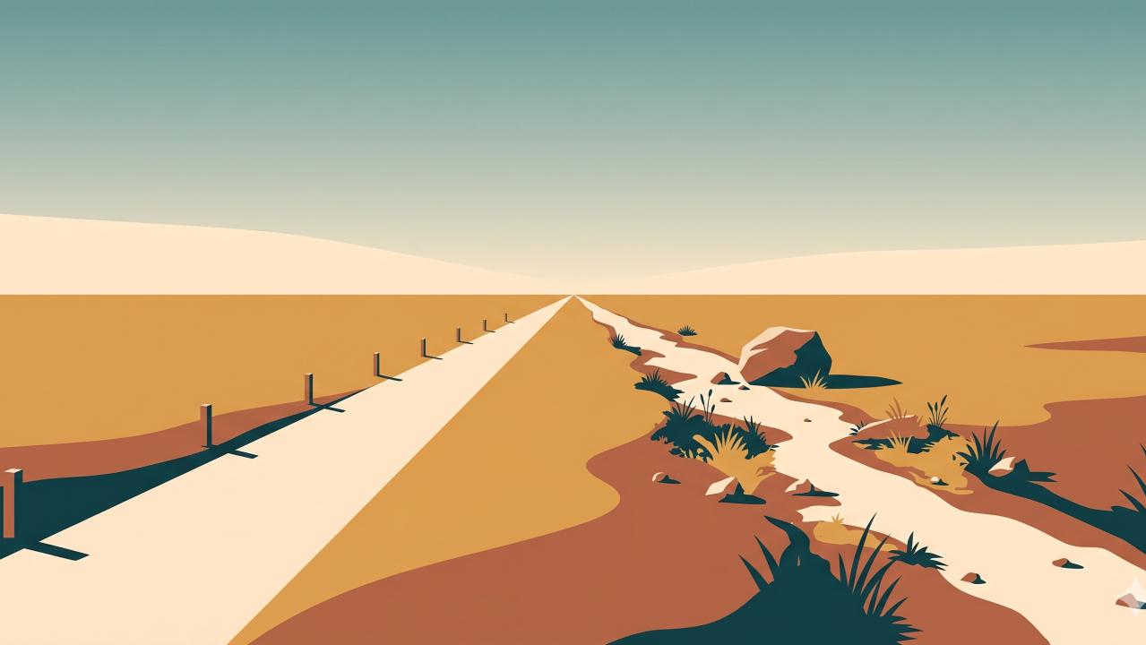 A road through the desert, with a stream cutting across.